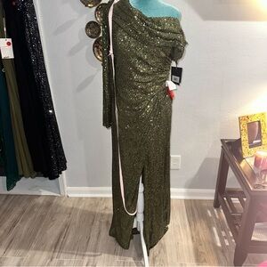 Mac Duggal Olive Green Sequin Maxi Dress